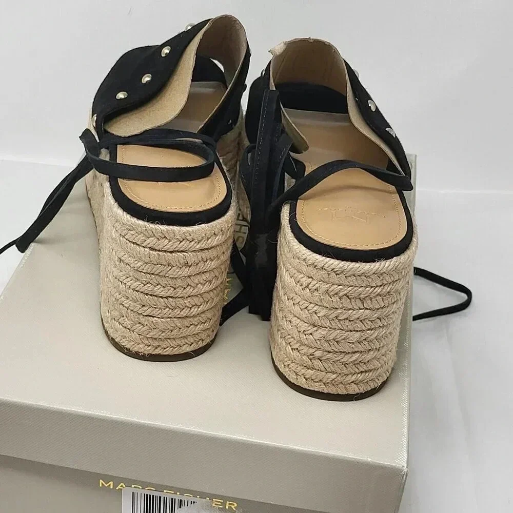 MARC FISHER BLACK SUEDE VERENA ESPADRILLE LACE UP PLATFORM SANDALS Size 10 M